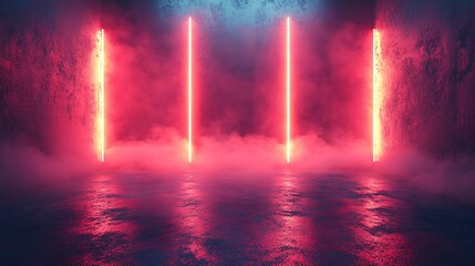 Wall Mural - abstract neon background, vertical lines and fog on the water, neon, red, dark, design, smoke