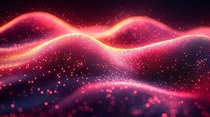 Wall Mural - abstract red and pink glowing particles wave in the background, against a dark blue gradient, style 