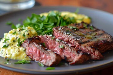 Poster - A plate of steak with garlic aioli, potatoes, and greens on a wooden table, Minute steak with a garlic aioli