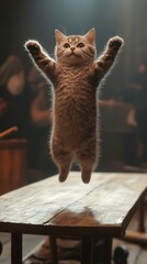 Adorable Kitten Leaping with Joy on Wooden Table - Captivating Cat Photography