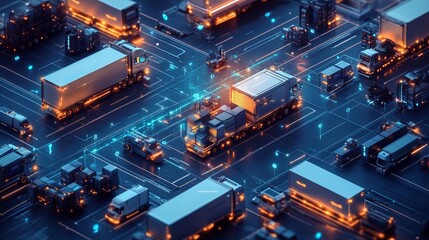 Software solutions for logistics and supply chain management, telematics, are showcased through a conceptual illustration highlighting innovative IT strategies for transportation