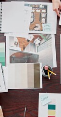 Aufkleber - Above, interior design or hands of people at desk with paper, planning or meeting in office. Creative team, floor plan or color palette in closeup for brainstorming, swatches or ideas for workplace