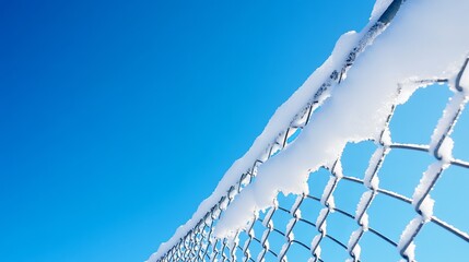 View from below of snow-covered chain link fence set against a clear blue sky