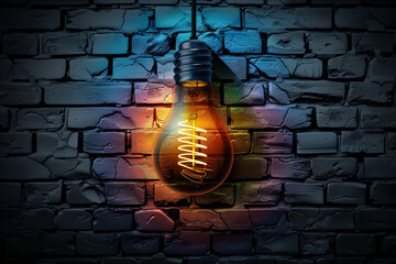 Sticker - A light bulb is lit up against a brick wall. The light bulb is glowing brightly and casting a warm, inviting light. The brick wall provides a stark contrast to the soft glow of the light bulb