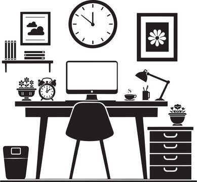 Modern computer office desk setup silhouette vector art illustration