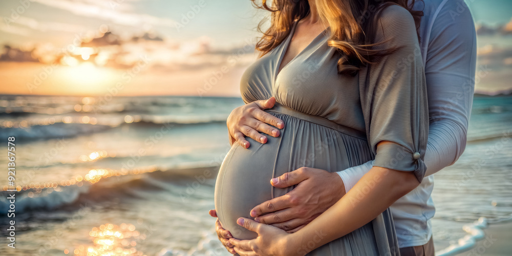 Man hugging a pregnant woman from behind on the ocean shore. Horizontal ...