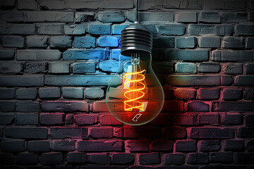 Wall Mural - A light bulb is lit up against a brick wall. The light bulb is glowing brightly and casting a warm, inviting light. The brick wall provides a stark contrast to the soft glow of the light bulb