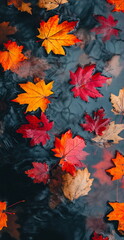 Meditative autumn scene with some leaves floating on reflective water, capturing a moment of natural stillness.