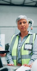 Poster - team, engineer and woman problem solving in factory for manufacturing, production challenge or quest