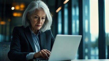 Mature business woman 65 years old using laptop and working on computer while sitting at desk in office. 