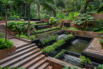 Poster - A garden full of various plants and water features on multilevel terraces, Multi-level terraces with lush greenery and water features