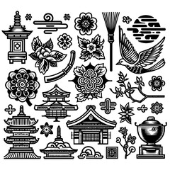 japanese & chinese elements symbol sign icon pattern flower cloud ornament style vector set