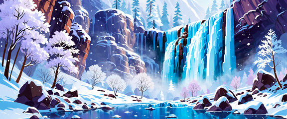 Frozen waterfall on the background of snow-covered trees in clear sunny winter weather, Christmas landscape, banner