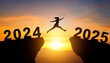 © photo_costin - Merry Christmas and Happy new year 2025. A young girl jump between 2024 and 2025 years over the sun and through on the gap of hill silhouette, evening yellow sky. High quality image