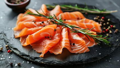 smoked salmon slices on dark stone table