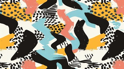 Poster - Abstract pattern with vibrant colors and shapes featuring black, yellow, blue, and coral tones against a cream background