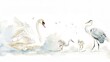 © YanabY - A graceful swan with cygnets and a heron by the lakeside in a serene watercolor setting