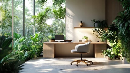 Modern workspace with thriving plants, natural illumination, and environmentally conscious design picture