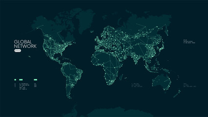 Global social network connection, Futuristic abstract of world Communication map internet and technology, Vector tech plexus geometric background, Glowing lines logistic with flickering particles