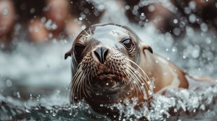 The face of a sea lion is photographed with water droplets in stunning clarity, emphasizing the detailed features of this marine creature amidst its aquatic environment.