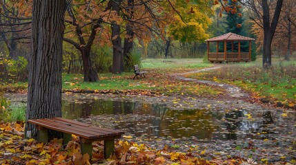 Wall Mural - Autumn park scene with a gazebo, pond, and colorful foliage in the early evening light