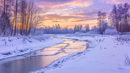 A serene winter landscape featuring a frozen river at sunset with colorful skies and trees lining the banks