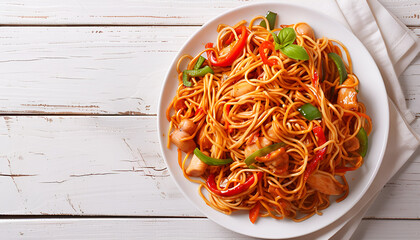 chinese stir-fried noodles with chicken on white plate on light wooden table, space text, top view