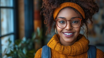 Wall Mural - Smiling female student with glasses and backpack looking straight into camera, with empty space for your text