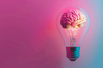 Poster - A light bulb with a pink brain inside of it. Concept of intelligence and the importance of the brain in our lives