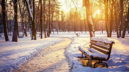Poster - winter sunset over a snowy park pathway with a bench in the foreground
