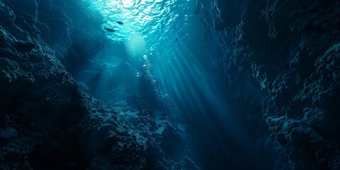 Poster - A deep blue ocean with sunlight shining through the water. The water is clear and the fish are swimming