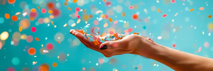 A hand is holding a handful of colorful confetti. The confetti is scattered all over the image, creating a festive and celebratory mood