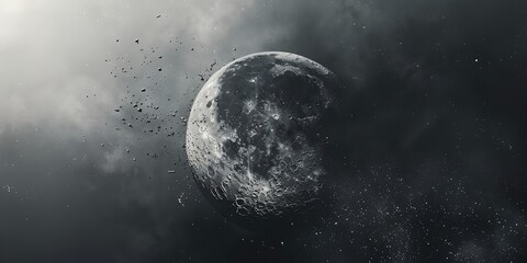 Wall Mural - a black and white photo of a moon with a lot of debris surrounding it. scene is dark and mysterious,