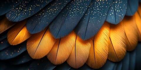 Poster - A close up of a bird's feathers, with some of them being blue and others being yellow. The feathers are arranged in a way that creates a sense of depth and texture