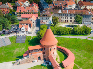 Wall Mural - Kaunas castle in old town, Lithuania. Panoramic drone aerial view photo of Kaunas city center 