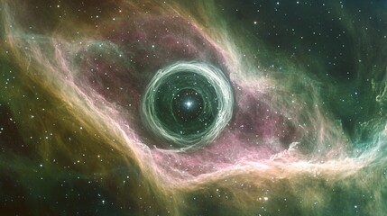 Wall Mural - large, circular nebula in space with swirling patterns of green and pink light, black hole, white gl