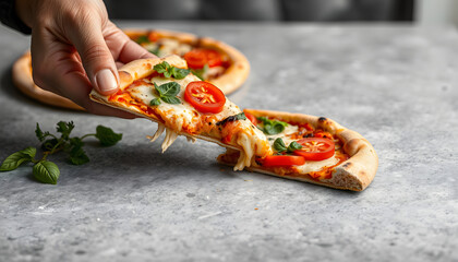 Taking piece of delicious vegetarian pizza at grey table, closeup isolated with white highlights, png