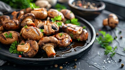 Grilled mushrooms on a plate with parsley garnish on a wooden table. Concept of vegetarian cuisine, healthy food, gourmet dishes, culinary preparation