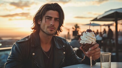 Wall Mural - A man with long hair is holding a chocolate ice cream cone