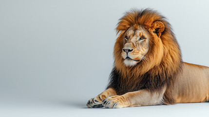 Wall Mural - portrait of a lion lying on his paws in a studio