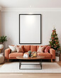 © Kholoud - a cozy living room with large blank frame on wall, christmas tree with light, brown sofa, pillow beige , mockup frame , decoration, christmas