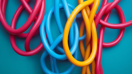 Colorful intertwined cables forming abstract pattern on turquoise background