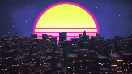 Wall Mural - Animated night city landscape with cyberpunk or synthwave style. VJ synthwave looping 3D animation for music video