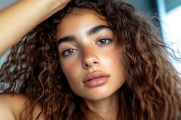 Close-Up Portrait of a Young Woman with Curly Hair, Freckles, and a Natural Look