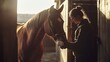 © Nattawee - Animal caretaker gently brushing a horse in a stable, showcasing care and grooming