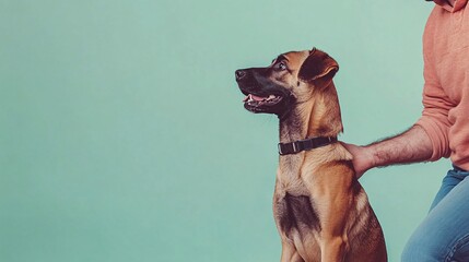 A professional animal trainer demonstrating a command with a dog, showcasing a strong bond between them against a light solid color background