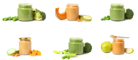 Canvas Print - Collage of jars with healthy baby food on white background