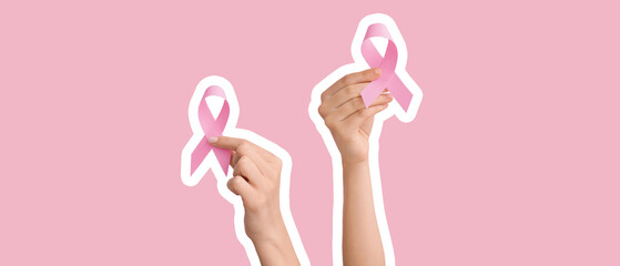 Wall Mural - Female hands with pink ribbons on color background. Breast cancer awareness concept