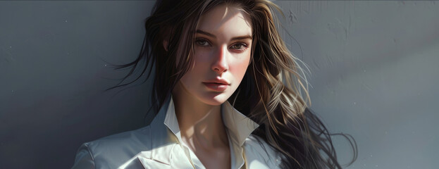 Wall Mural - A beautiful woman with long brown hair, wearing an elegant white coat and shirt