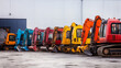 © ImageKing - Heavy construction equipment, painted in various bright colors, is parked in a lot next to a warehouse. These machines are used for industrial projects and are available for rent or sale.
